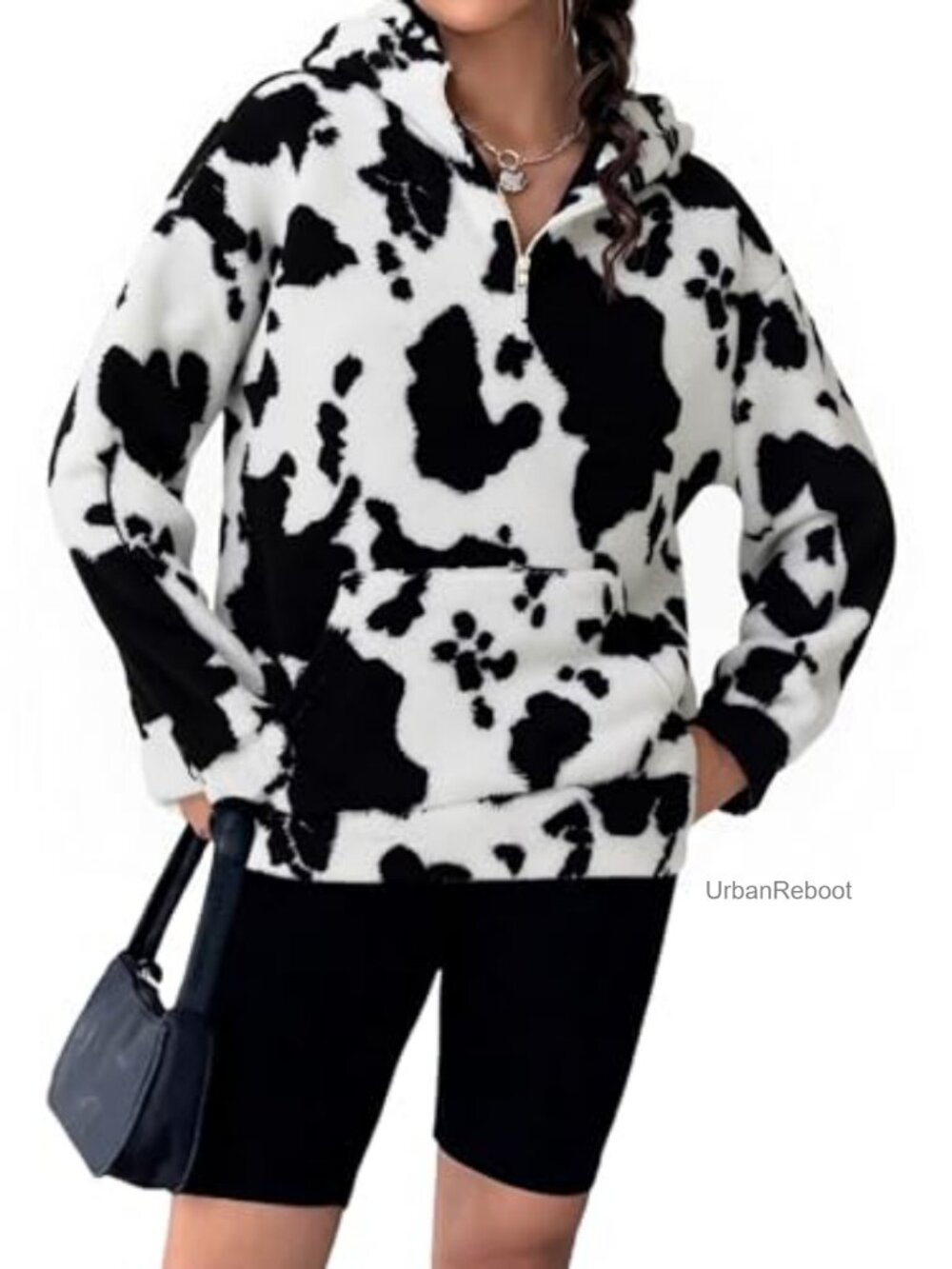 Sherpa Fleece Zip-Up Hoodie Bear Print Oversized Sweatshirt with Pocket